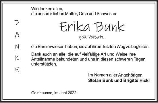 Traueranzeige von Erika Bunk von Gelnhäuser Neue Zeitung