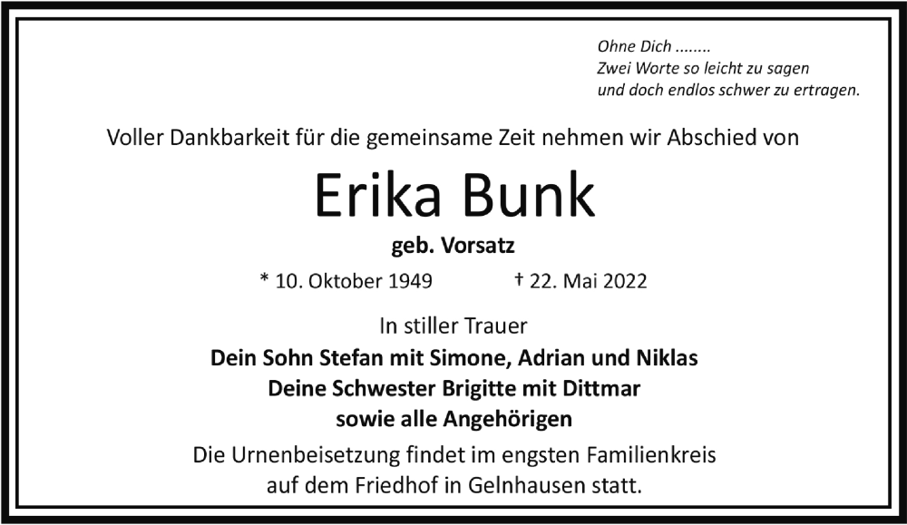  Traueranzeige für Erika Bunk vom 28.05.2022 aus Mittelhessen-Bote