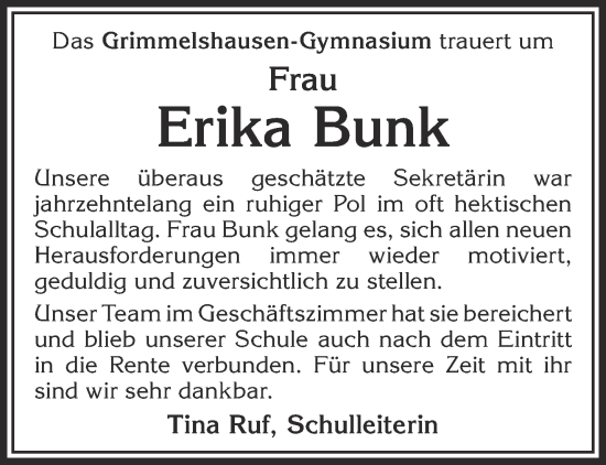 Traueranzeige von Erika Bunk von Gelnhäuser Neue Zeitung