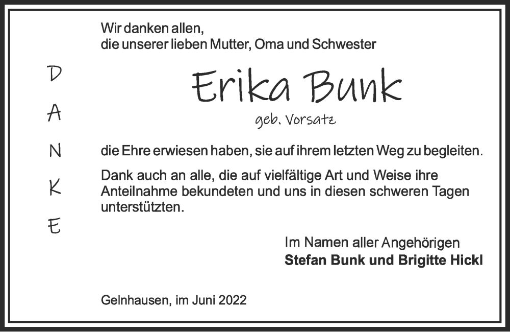  Traueranzeige für Erika Bunk vom 02.07.2022 aus Mittelhessen-Bote