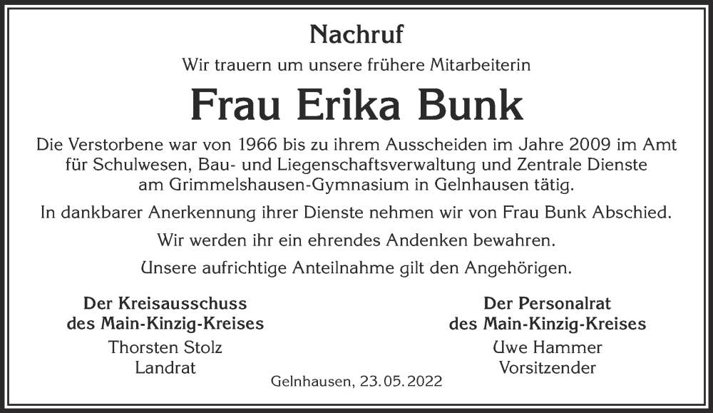  Traueranzeige für Erika Bunk vom 28.05.2022 aus Gelnhäuser Neue Zeitung