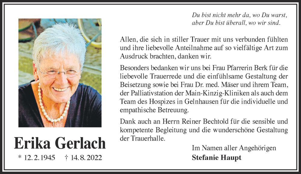  Traueranzeige für Erika Gerlach vom 10.09.2022 aus Gelnhäuser Neue Zeitung