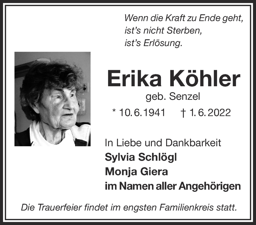  Traueranzeige für Erika Köhler vom 11.06.2022 aus Mittelhessen-Bote