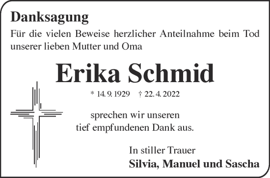 Traueranzeige von Erika Schmid von Gelnhäuser Neue Zeitung