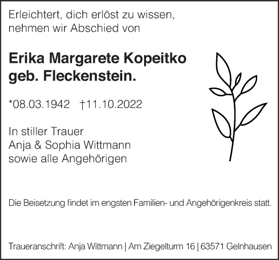 Traueranzeige von Erika Margarete Kopeitko von Gelnhäuser Neue Zeitung