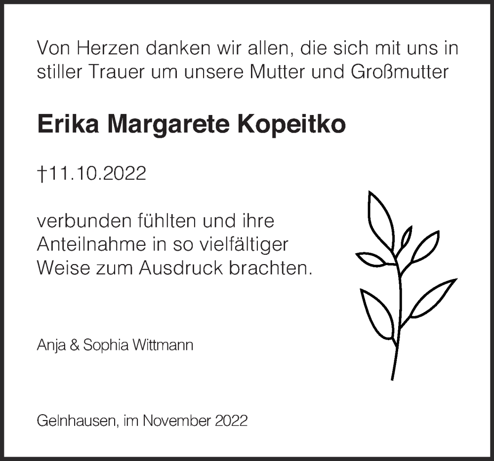  Traueranzeige für Erika Margarete Kopeitko vom 12.11.2022 aus Gelnhäuser Neue Zeitung