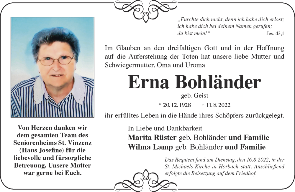  Traueranzeige für Erna Bohländer vom 20.08.2022 aus Mittelhessen-Bote