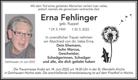 Traueranzeige von Erna Fehlinger von Gelnhäuser Neue Zeitung