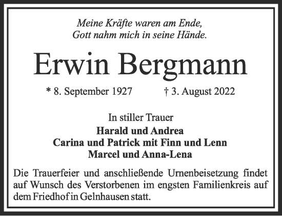 Traueranzeige von Erwin Bergmann von Gelnhäuser Neue Zeitung