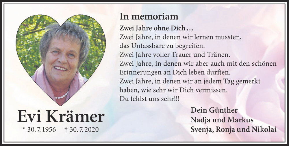  Traueranzeige für Evi Krämer vom 30.07.2022 aus Gelnhäuser Neue Zeitung