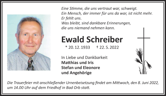 Traueranzeige von Ewald Schreiber von Gelnhäuser Neue Zeitung