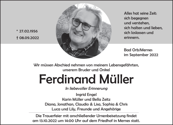 Traueranzeige von Ferdinand Müller von Gelnhäuser Neue Zeitung