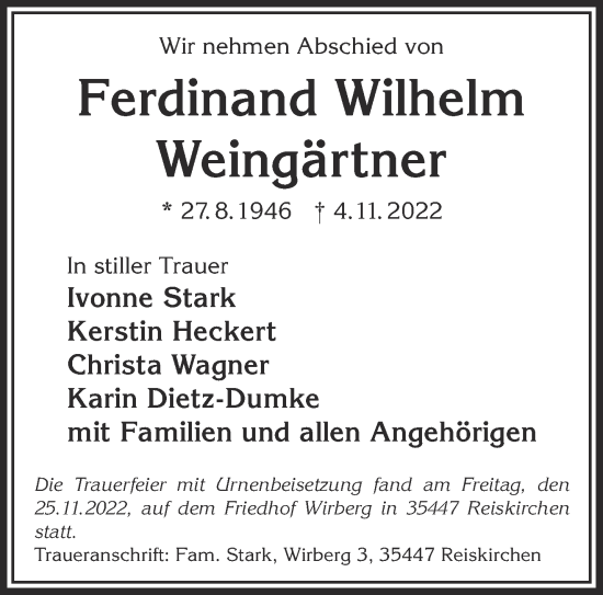 Traueranzeige von Ferdinand Wilhelm Weingärtner von Mittelhessen-Bote