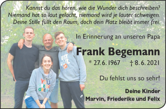 Traueranzeige von Frank Begemann von Gelnhäuser Neue Zeitung