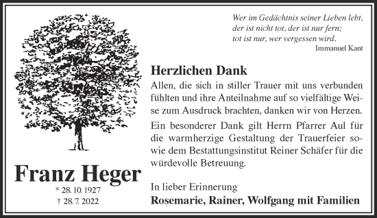 Traueranzeige von Franz Heger von Mittelhessen-Bote