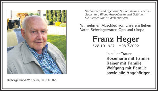 Traueranzeige von Franz Heger von Mittelhessen-Bote