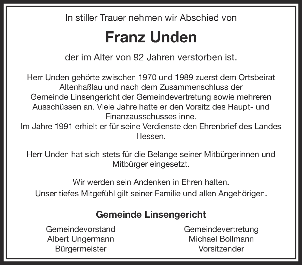  Traueranzeige für Franz Unden vom 17.09.2022 aus Gelnhäuser Neue Zeitung