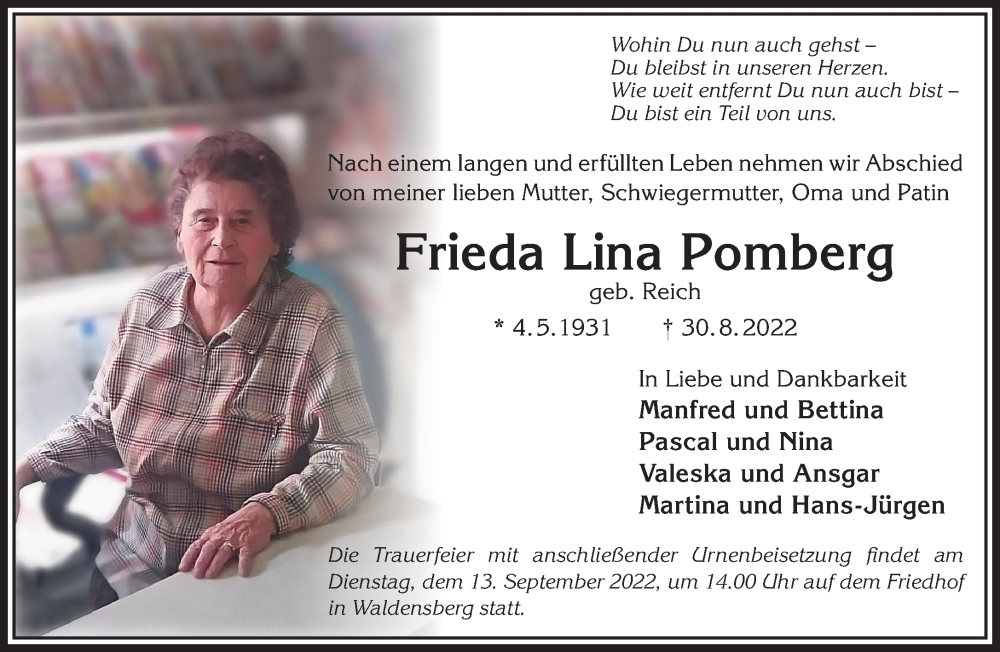 Traueranzeige für Frieda Lina Pomberg vom 10.09.2022 aus Mittelhessen-Bote