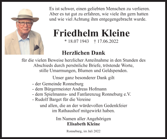 Traueranzeige von Friedhelm Kleine von Mittelhessen-Bote