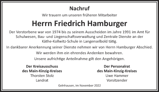 Traueranzeige von Friedrich Hamburger von Gelnhäuser Neue Zeitung