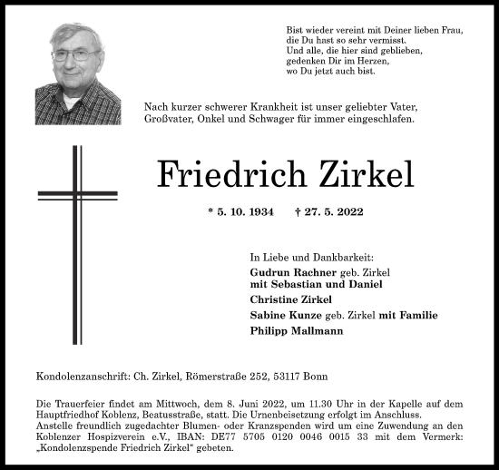 Traueranzeige von Friedrich Zirkel von Gelnhäuser Neue Zeitung