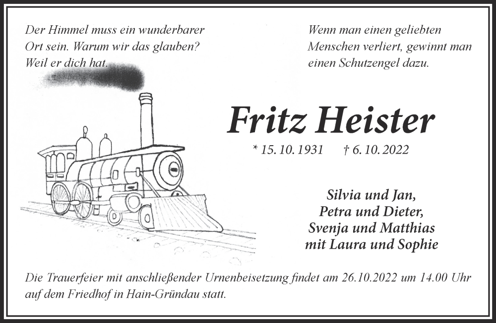  Traueranzeige für Fritz Heister vom 22.10.2022 aus Mittelhessen-Bote