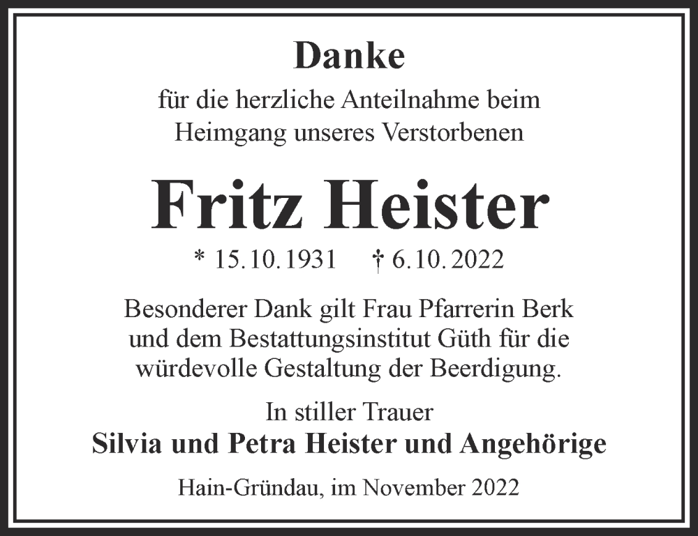 Traueranzeige für Fritz Heister vom 19.11.2022 aus Mittelhessen-Bote