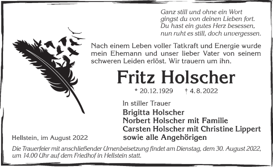 Traueranzeige von Fritz Holscher von Gelnhäuser Neue Zeitung