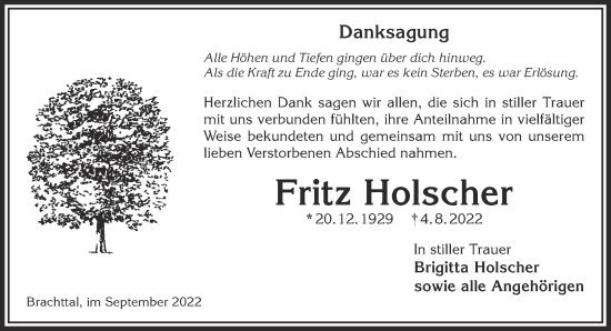 Traueranzeige von Fritz Holscher von Gelnhäuser Neue Zeitung