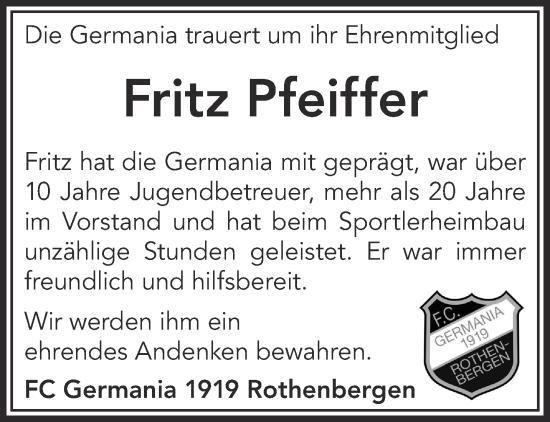 Traueranzeige von Fritz Pfeiffer von Gelnhäuser Neue Zeitung