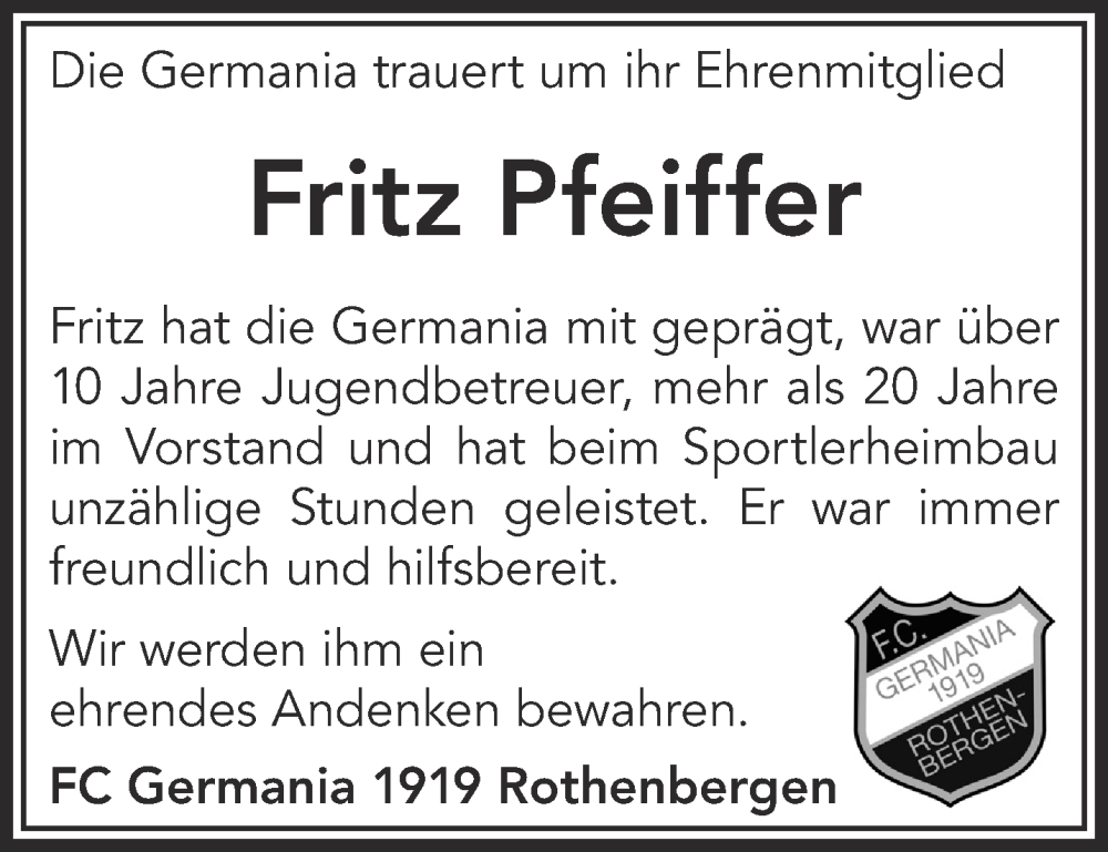  Traueranzeige für Fritz Pfeiffer vom 06.08.2022 aus Mittelhessen-Bote