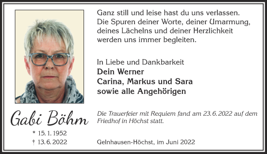 Traueranzeige von Gabi Böhm von Mittelhessen-Bote