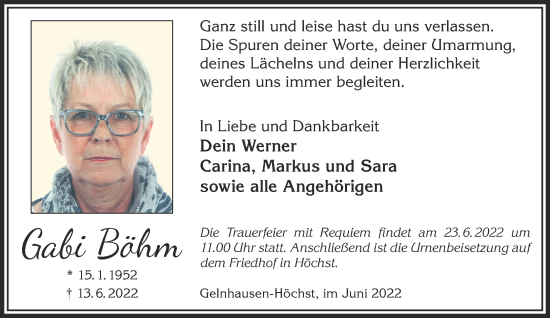 Traueranzeige von Gabi Böhm von Gelnhäuser Neue Zeitung