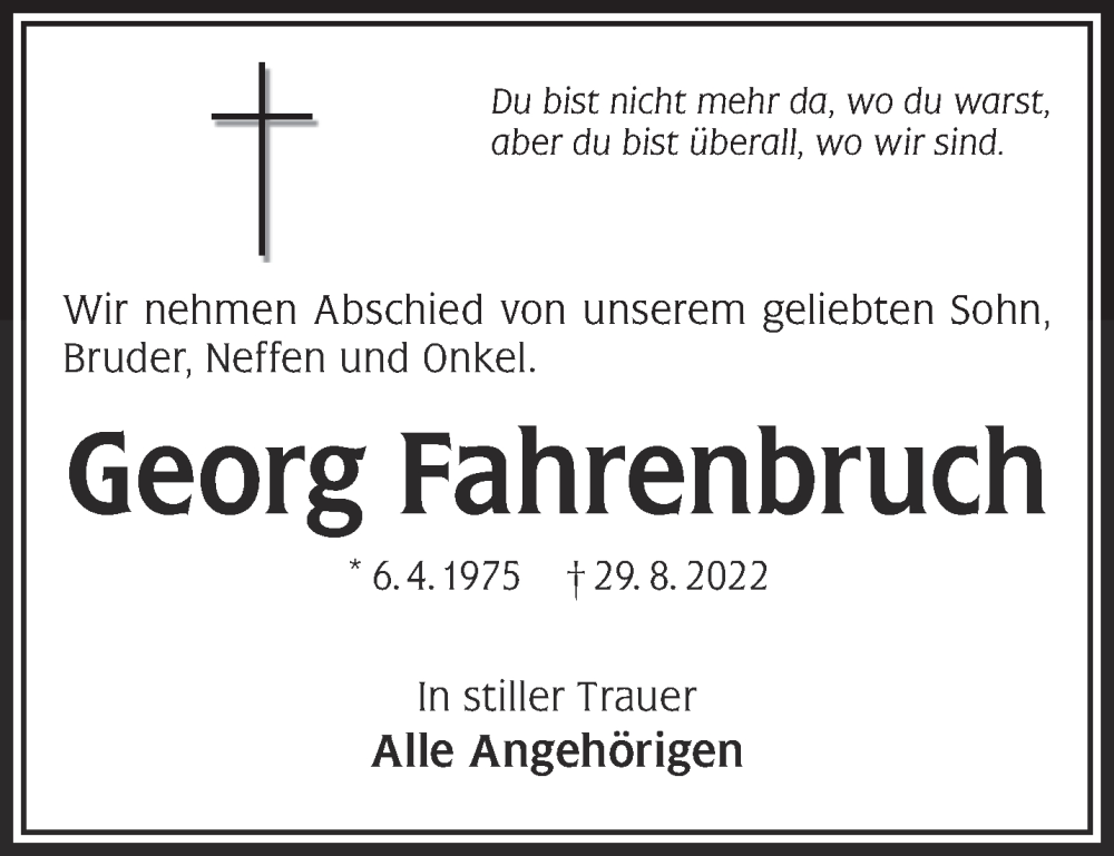  Traueranzeige für Georg Fahrenbruch vom 03.09.2022 aus Gelnhäuser Neue Zeitung