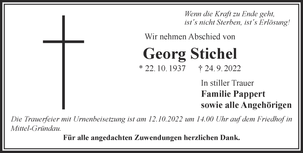  Traueranzeige für Georg Stichel vom 10.10.2022 aus Gelnhäuser Neue Zeitung
