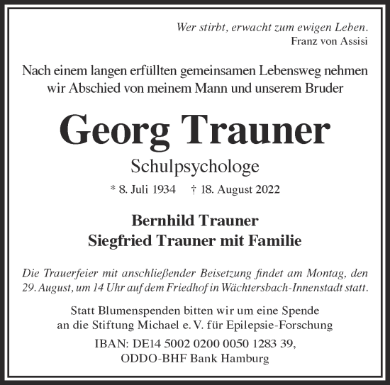 Traueranzeige von Georg Trauner von Gelnhäuser Neue Zeitung