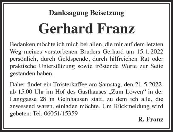 Traueranzeige von Gerhard Franz von Gelnhäuser Neue Zeitung