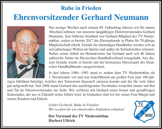 Traueranzeige von Gerhard Neumann von Gelnhäuser Neue Zeitung