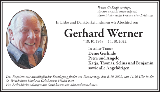 Traueranzeige von Gerhard Werner von Gelnhäuser Neue Zeitung