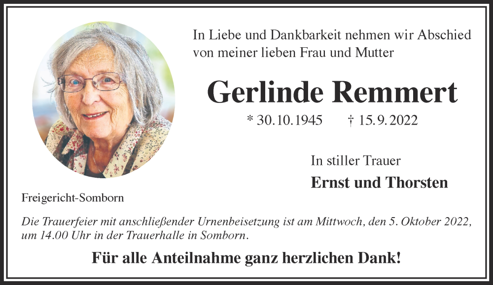  Traueranzeige für Gerlinde Remmert vom 28.09.2022 aus Gelnhäuser Neue Zeitung