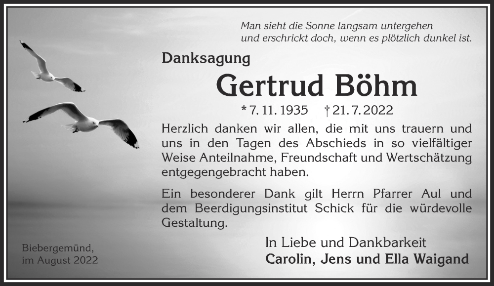  Traueranzeige für Gertrud Böhm vom 27.08.2022 aus Mittelhessen-Bote