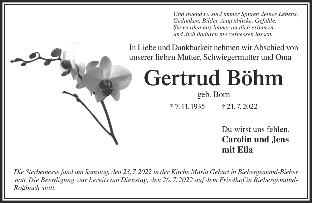  Traueranzeige für Gertrud Böhm vom 30.07.2022 aus Mittelhessen-Bote