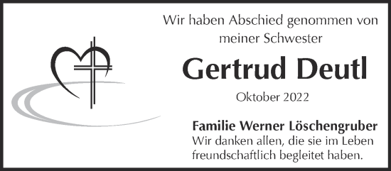 Traueranzeige von Gertrud Deutl von Mittelhessen-Bote