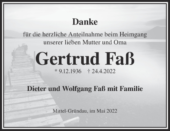 Traueranzeige von Gertrud Faß von Gelnhäuser Neue Zeitung