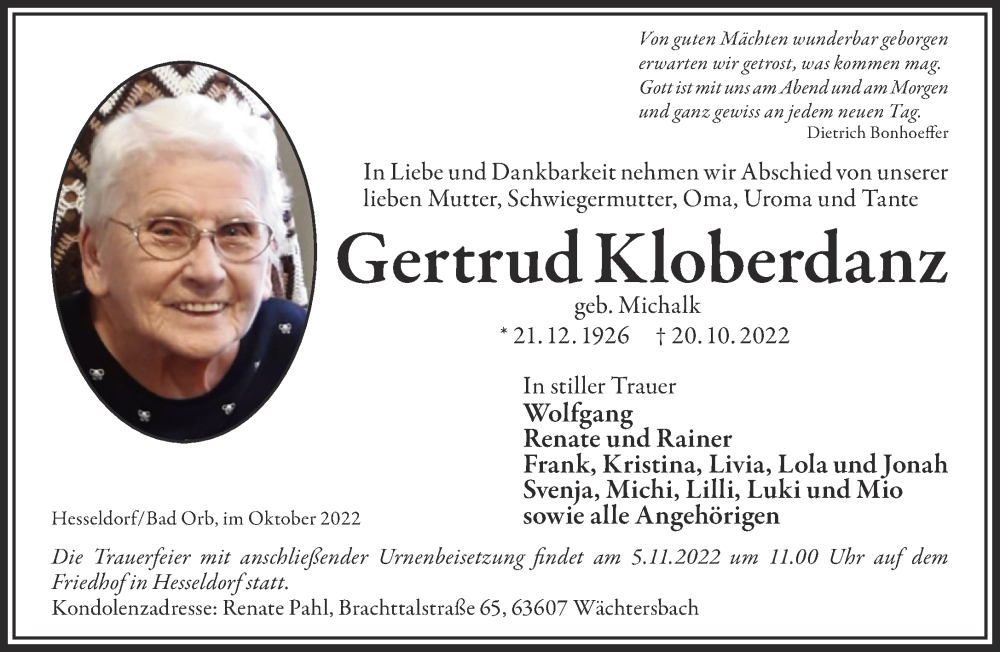  Traueranzeige für Gertrud Kloberdanz vom 29.10.2022 aus Gelnhäuser Neue Zeitung