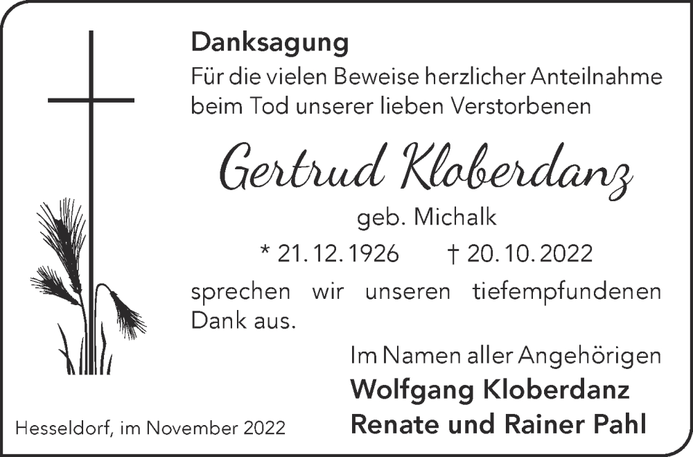  Traueranzeige für Gertrud Kloberdanz vom 19.11.2022 aus Gelnhäuser Neue Zeitung