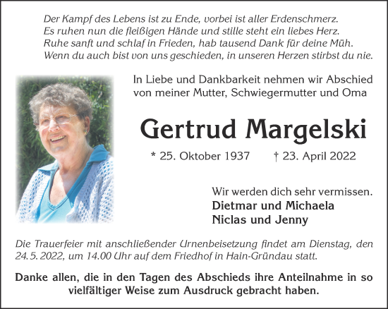 Traueranzeige von Gertrud Margelski von Gelnhäuser Neue Zeitung