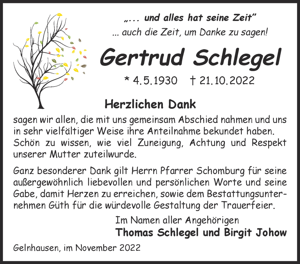  Traueranzeige für Gertrud Schlegel vom 19.11.2022 aus Gelnhäuser Neue Zeitung