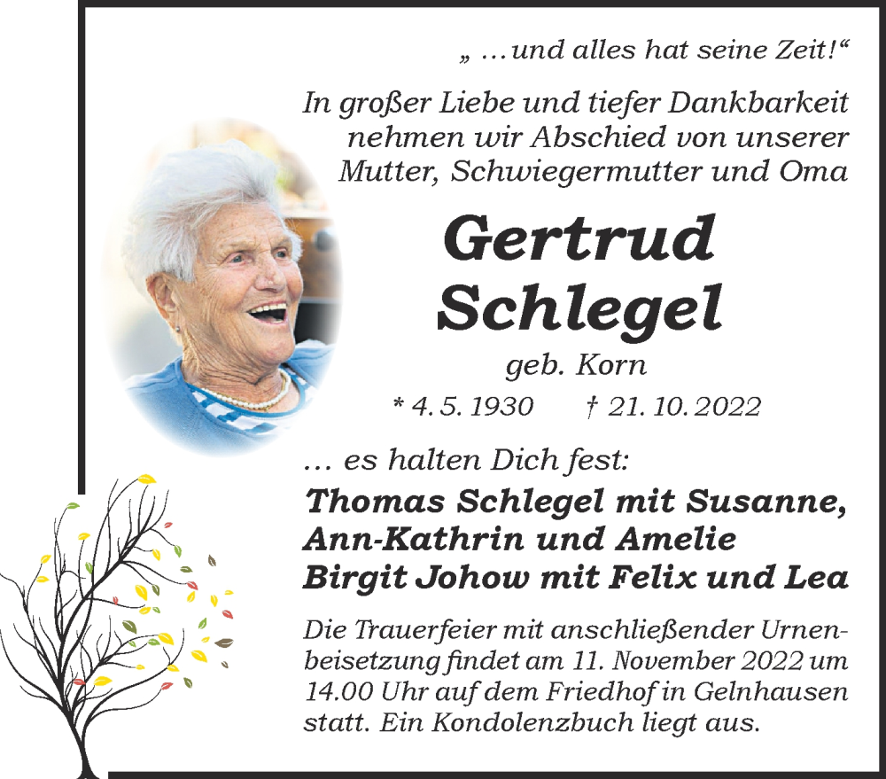  Traueranzeige für Gertrud Schlegel vom 29.10.2022 aus Gelnhäuser Neue Zeitung