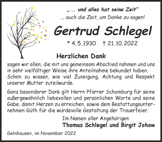 Traueranzeige von Gertrud Schlegel von Gelnhäuser Neue Zeitung